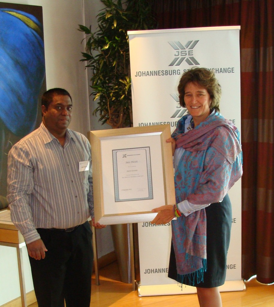 Third place winner Marlin Govender and JSE CEO Nicky Newton-King